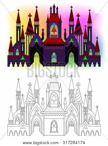 Colorful And Black And White Pattern Of Medieval Gothic Castle With Towers, Bells And Gates. Printab