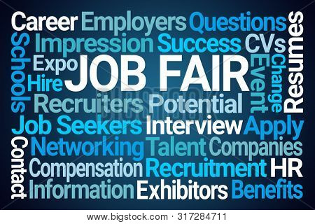 Job Fair Word Cloud on Blue Background