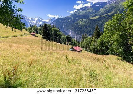 Scenic Aerial View Of The Swiss Alps On A Sunny Day. Mannlichen