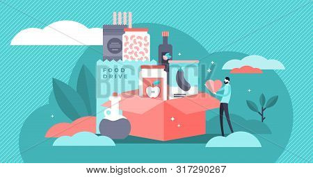 Food Drive Vector Illustration. Flat Tiny Grocery Charity Persons Concept. Canned Lunch Donation To 