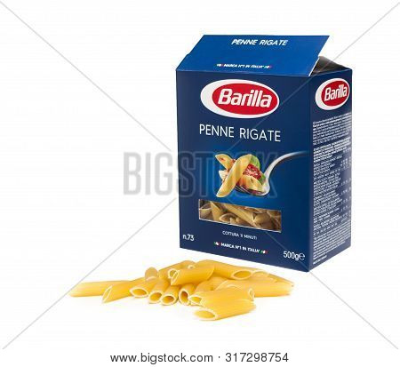 Chisinau, Moldova - August 14, 2019: Barilla Tortiglioni Nr 73. Italian Pasta In An Opened Box Isola