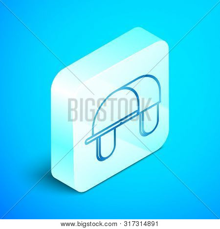 Isometric Line Hunter Hat Icon Isolated On Blue Background. Plaid Winter Hat. Silver Square Button. 