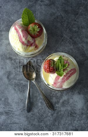 Summer Vanilla Ice Cream With Mint Leaves And Strawberries, Sweet Dessert. Copy Space.