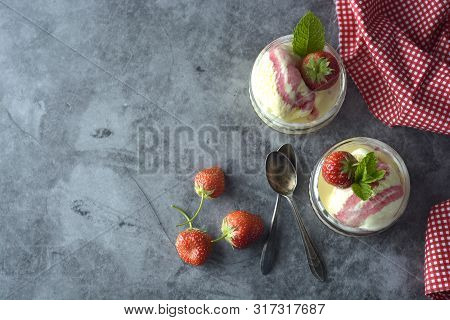 Summer Vanilla Ice Cream With Mint Leaves And Strawberries, Sweet Dessert. Copy Space.