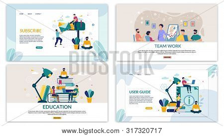 Set Informative Flyer Inscription User Guide. Banner Written Education, Subscription, Team Work. Men