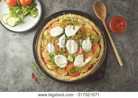 Vegetarian Pizza. Cooking Process Of Vegetable Homemade Pizza With Fresh Ingredients Isolated On Dar