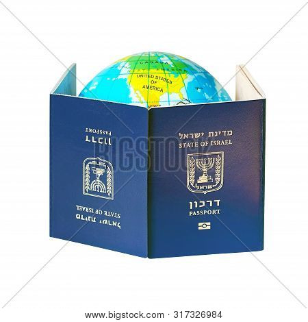 Blue Israeli Biometric And Non Biometric Passport Isolated On White Background. A Map Or Globe Of Pl