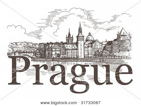 Panorama von Prag. Ansicht der Karlsbrücke und dem Vltava Fluss Damm. Vektor Zeichnung