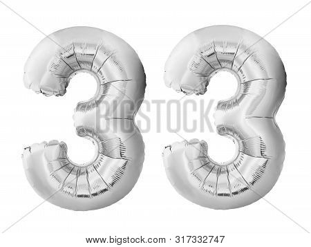 Number 31 Thirty One Made Of Silver Inflatable Balloons Isolated On White Background. Pink Helium Ba