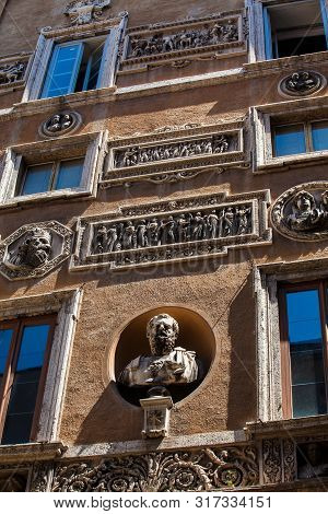 Rome, Italy - April, 2018: Details Of The Statues In The Courtyard Of The Palazzo Mattei Di Giove