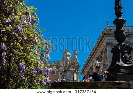 Rome, Italy - April, 2018: Statues Of The Dioscuri At The Campidoglio On Capitoline Hill