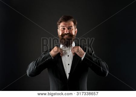 Perfect Groom. Bearded Man With Bow Tie. Well Dressed Scrupulously Neat. Hipster Formal Suit Tuxedo.