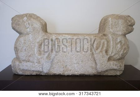 Badajoz, Spain - August 2019: Lion-shape Throne Stand Of 11th Century. Unique Known Piece Of Lion Ap