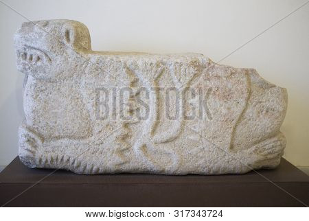 Badajoz, Spain - August 2019: Lion-shape Throne Stand Of 11th Century. Unique Known Piece Of Lion Ap