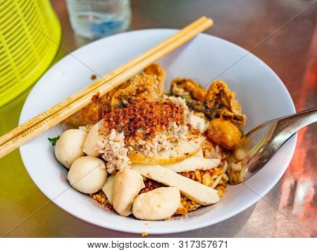 Noodle Tom Yam With Fish Meatball Good Tasty Food,in Restaurant At Market (sampeng),bangkok,thailand