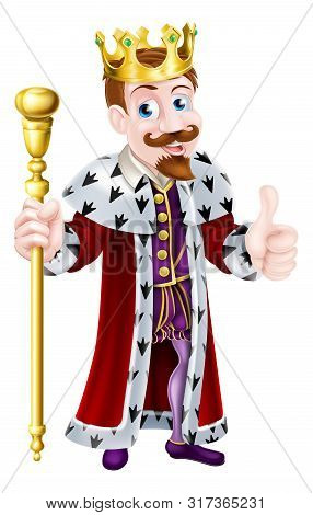 Cartoon King Wearing A Crown, Holding A Sceptre And Giving A Thumbs Up