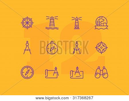 Sea Navigation Line Icon Set. Set Of Line Icons On White Background. Lighthouse, Steering Wheel, Shi