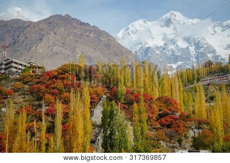 Nature Landscape View Of Colorful Foliage Forest Trees In Autumn Season And Snow Capped Ultar Sar Mo