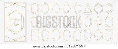 Gold Polygonal Frames Collection Isolated On Light Grey Background.