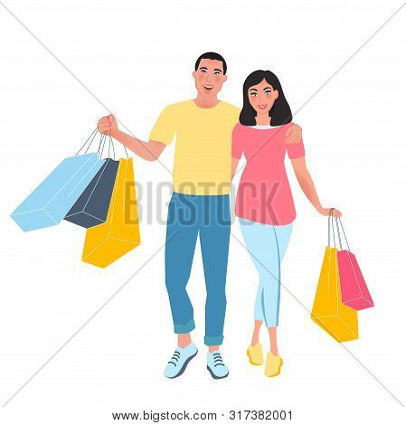 Happy People Go With Bags In Their Hands. Shopping In Store. Vector Illustration