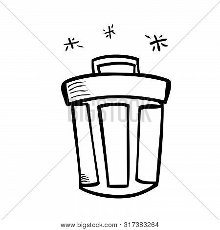 Vector Outline Hand Draw Sketch Of Closed Empty Clean And Tidy Trash Bin, At White.