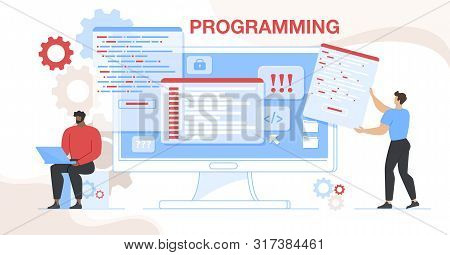 Programming Horizontal Banner. Tech Application Software Development Work. Man Programmer And Design