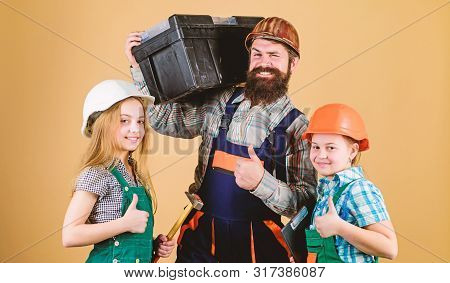 Informal Education. Fathers Day. Sisters Help Father Builder. Our Dad Has Skillful Fingers. Home Ren