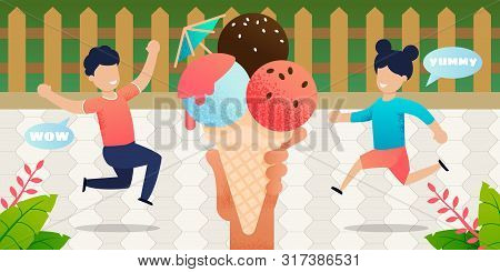 Cartoon Happy Smiling Children In Yard Running To Big Ice-cream Holding By Human Hand. Refreshing De