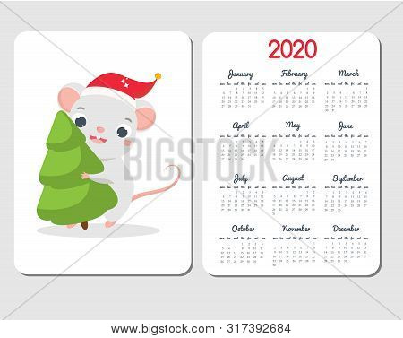 2020 Calendar Template With Cartoon Mouse. Chinese New Year Design With Funny Rat Carry Spruce Tree