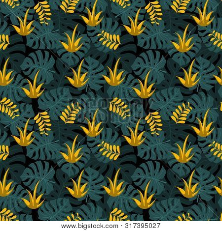 Floral Seamless Pattern. Monstera And Acacia Leaves With Agave On Black Background. Vector Illustrat