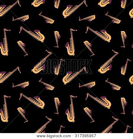 Seamless Pattern With Gold Clipart Saxophones Isolatad On Black Background. Vector Illustration.