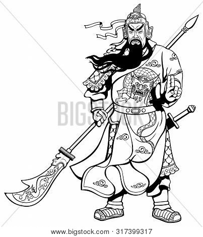 Vector Line Art Illustration Of The Legendary Chinese General Guan Yu.