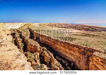 Panorama View To Aral Sea From The Rim Of Plateau Ustyurt Near Aktumsuk Cape At Karakalpakstan, Uzbe
