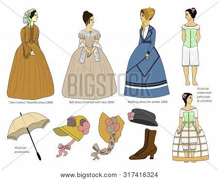 An Illustration Of Fashion Garments And Accessories From The Victorian Era 1830-1870 Including Hats,