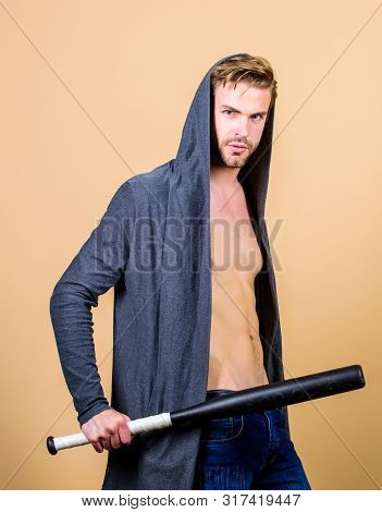 Sportsman Strong Looks Threatening With Bat. Aggression Masculinity Strong Temper. Bully Mood. Bad B