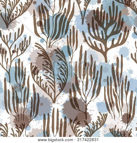 Ocean Corals Seamless Pattern. Paint Splashes Drops Watercolor Background. Abstract Great Barrier Re