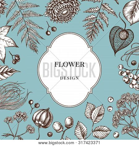 Badge Over Design With Rowan, Rowan, Acorn, Buckeye, Fern, Maple, Birch, Maple Leaves, Lagurus Feath