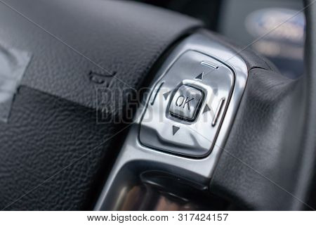 Car Steering Wheel With Menu Buttons On It Close Up, Car Interior