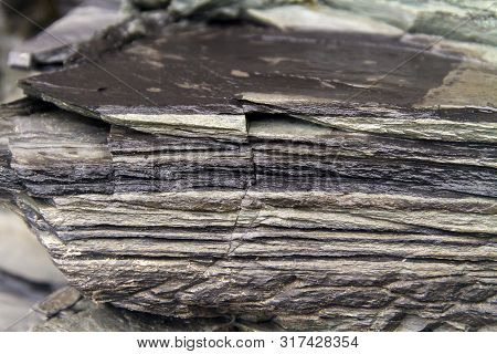 Thin Shale Rock Layers With Fracture Closeup; Newfoundland