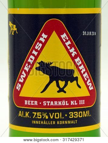 Kopparberg, Sweden - August 16, 2019: Label Of Swedish Elk Brew Beer, A Malt Liquor Styled Beer Brew