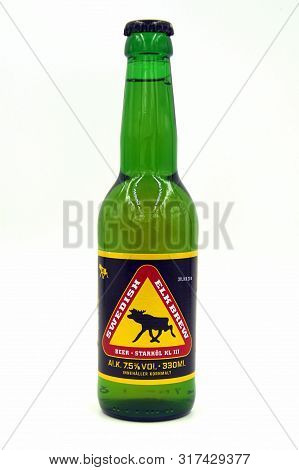 Kopparberg, Sweden - August 16, 2019: Bottle Of Elk Brew Beer, A Malt Liquor Styled Beer Brewed By K
