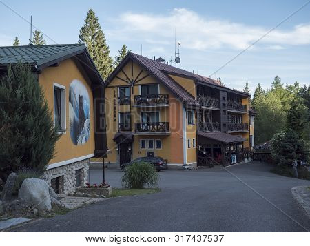 Slovakia, Western Tatra Mountain, July 3, 2019: Mountain House Hotel Oresnica At Beginning Of Uzka D