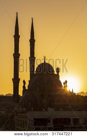 Silhouette Al-sahaba Mosque At Sunset Time In Sharm El Sheikh, Egypt. Architecture Of Al Sahaba, Al 