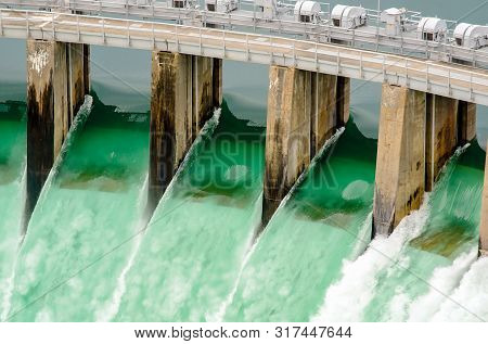 Hydro Electric Dam Spilling Water Open Gates