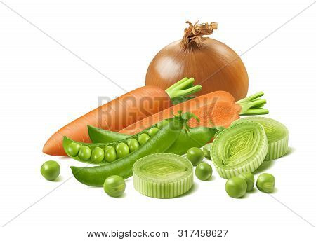 Onion, Carrot, Leek And Green Peas In Pods Isolated On White Background. Package Design Element With