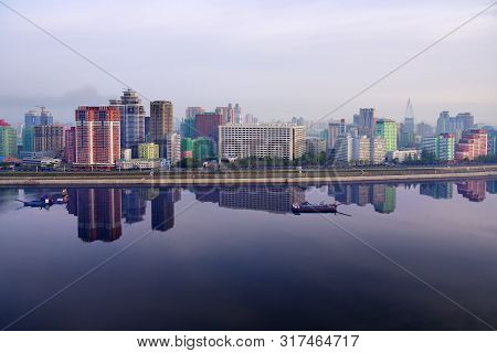 Pyongyang, North Korea -  April 30, 2019: Skyline And Taedong River In The Morning Fog. View On Mode