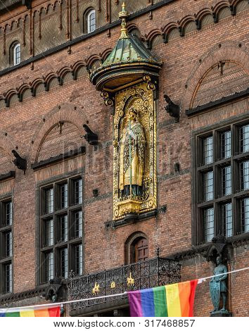 Copenhagen Pride And The Archbishop Absalon On The Town Hall Overlooking The Rainbow Flags, Copenhag