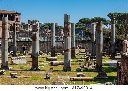 Rome, Italy - April, 2018: Ruins Of The Forum Of Caesar Built By Julius Caesar Near The Forum Romanu