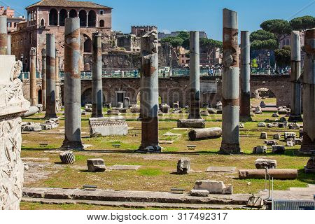 Rome, Italy - April, 2018: Ruins Of The Forum Of Caesar Built By Julius Caesar Near The Forum Romanu
