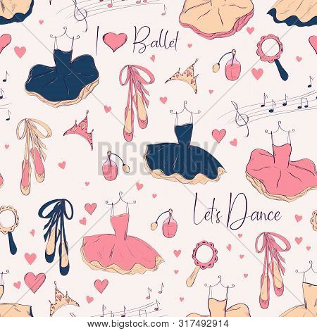 Seamless Pattern With Ballerina And Accessories.  Hand Drawn Design For Birthday And Baby Shower Gre